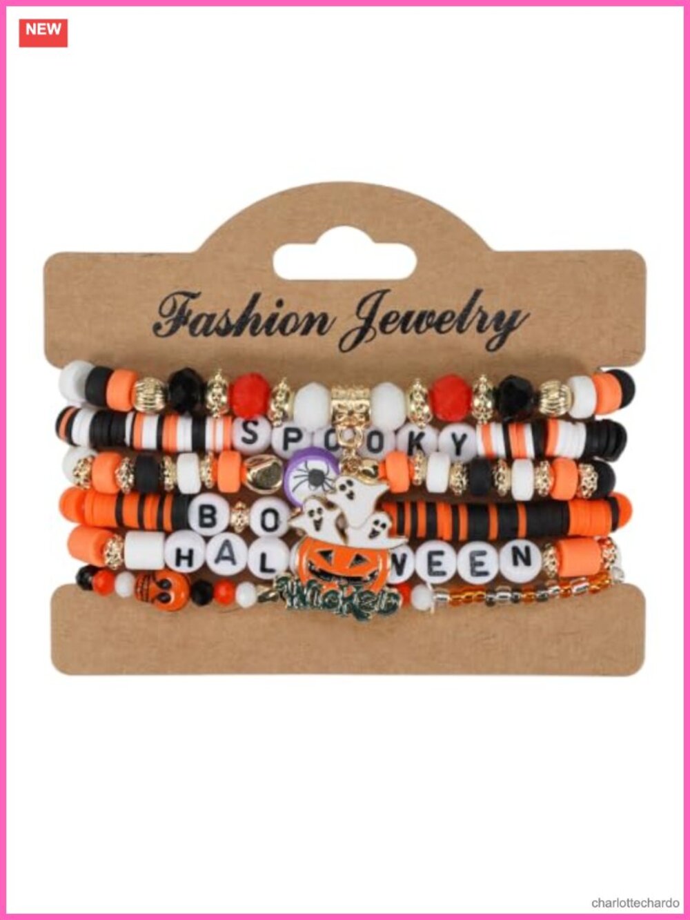 6 Pc Stretch Beaded Bracelet Stack Ghost Pumpkin Charms Costume Party Set